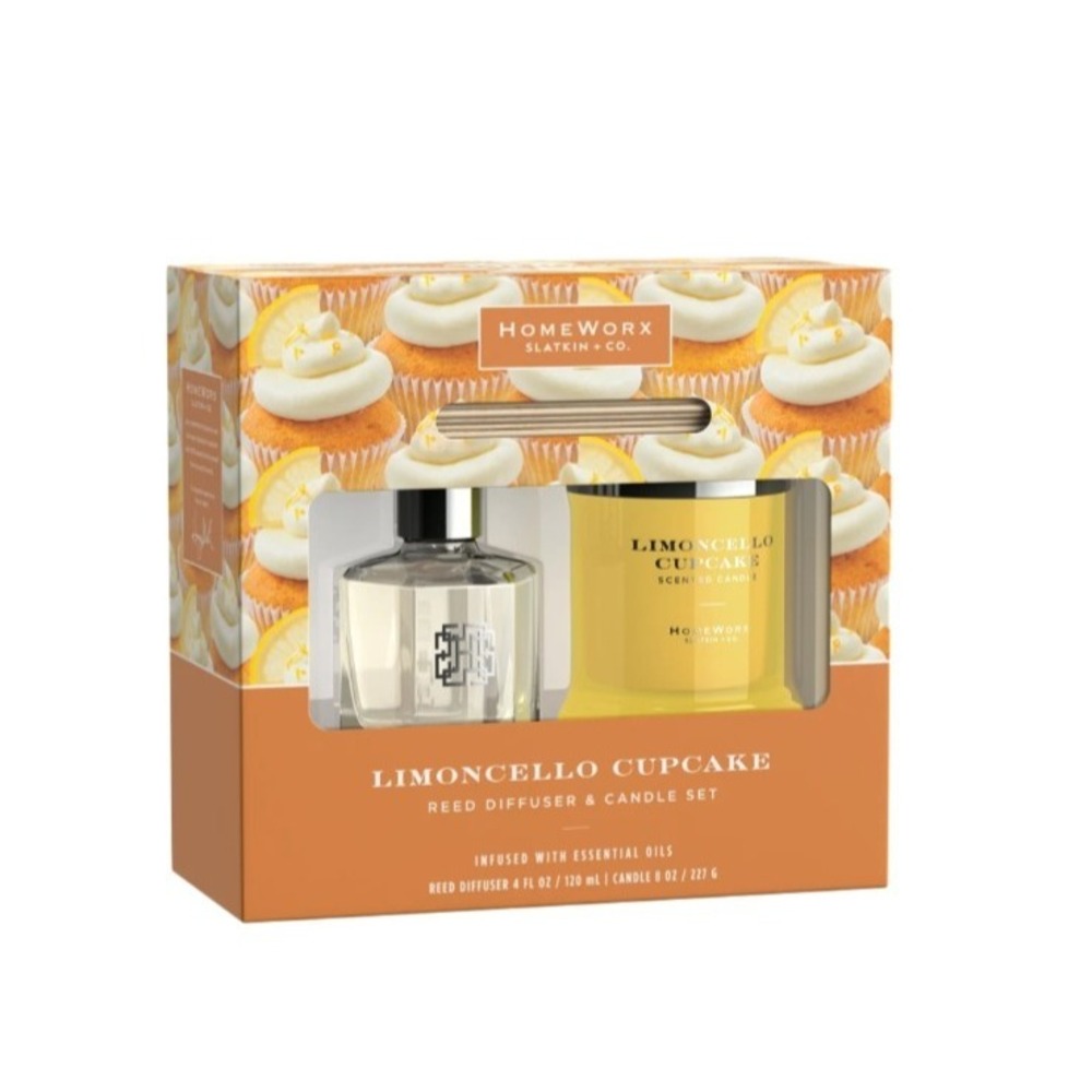 Homeworx Slatkin Limoncello Cupcake 8oz. 1-Wick Candle Reed Diffuser Gift Set